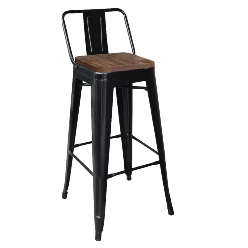 Relix Wood Σκαμπό Bar-Pro Με Πλάτη, Μέταλλο Βαφή Μαύρο Μatte, Απόχρωση Ξύλου Dark Oak 44x44x75/100cm