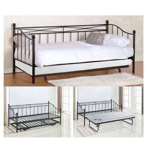 Marin Daybed Κρεβάτι (90X190) + Βοηθητικό Κρεβάτι (85X185) Μέταλλο Βαφή Μαύρο 198x97x93 + 185x85x36cm