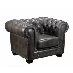 Chesterfield Birmingham Πολυθρόνα Σαλονιού Καθιστικού, Δέρμα Antique Grey 103x92x72cm