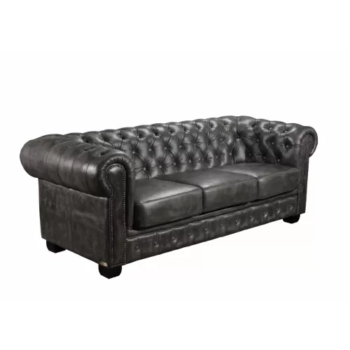 Chesterfield Birmingham Καναπές 3Θέσιος Σαλονιού Καθιστικού, Δέρμα Antique Grey 201x92x74cm
