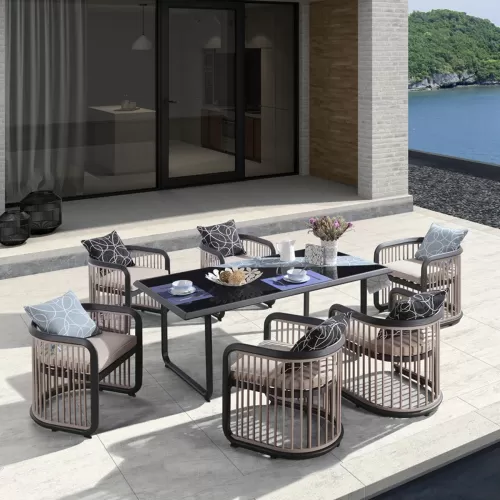 City Dining Set Τραπεζαρία Κήπου Βεράντας: Τραπέζι + 6 Πολυθρόνες Alu Ανθρακί - Μπεζ Table:180x90x77 Chair:62x66x72