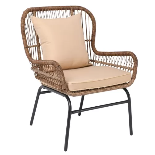 Salsa Max Πολυθρόνα Μέταλλο Βαφή Μαύρο, Wicker Φυσικό, Μαξιλάρι Μπεζ 64x69x89cm