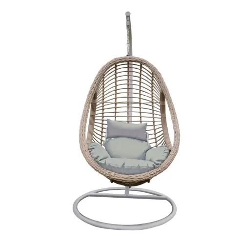 Macan-Ii Κρεμαστή Πολυθρόνα, Pe Wicker Natural, Μέταλλο Βαφή Άσπρο, Μαξιλάρι Σκ.γκρι Φ105x196cm