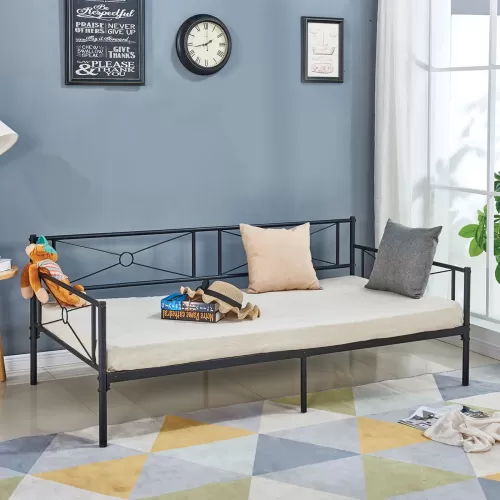 Queen Daybed Κρεβάτι Μέταλλο Βαφή Μαύρο 196x95x75cm για Στρώμα 90x190