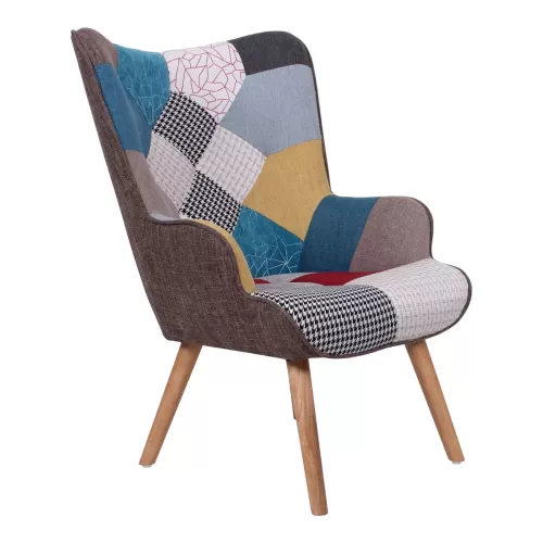 Maron Πολυθρόνα - Μπερζέρα Ξύλο Φυσικό, Ύφασμα Patchwork 69x76x97cm