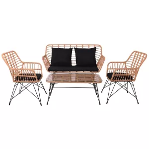 Salsa Max Living Set Κήπου 4 Τεμαχίων, Μέταλλο Βαφή Μαύρο, Wicker Φυσικό, Μαξιλάρια Μαύρο 106x55x45-147x70x105-65x67x96