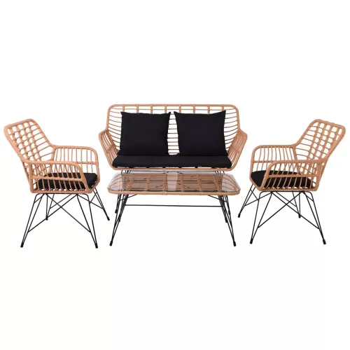 Salsa Max Living Set Κήπου 4 Τεμαχίων, Μέταλλο Βαφή Μαύρο, Wicker Φυσικό, Μαξιλάρια Μαύρο 106x55x45-147x70x105-65x67x96