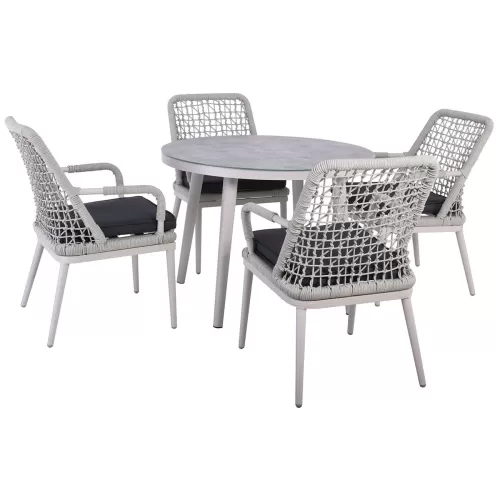 Central Set Τραπεζαρία Κήπου Alu & Rope Grey-Μαξιλ.ανθρακί: Τραπέζι Φ100Cm + 4 Πολυθρόνες Table:Φ100x75 Chair:61x65x90cm