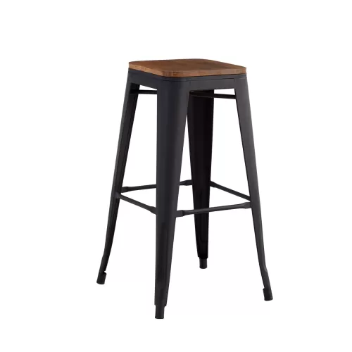 Relix Wood Σκαμπό Bar, Μέταλλο Βαφή Μαύρο Matte Κάθισμα Dark Oak, Στοιβαζόμενο 42x42 H.76cm