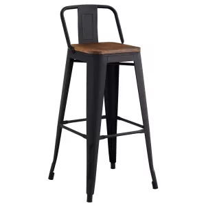 Relix Wood Σκαμπό Bar Με Πλάτη,Μέταλλο Βαφή Μαύρο Matte, Απόχρωση Ξύλου Dark Oak 44x44x76/97cm