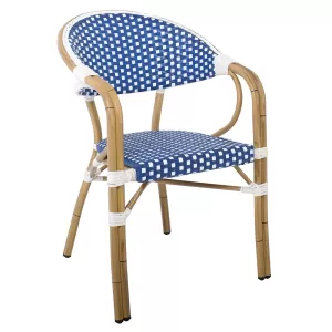 Paris Πολυθρόνα Bistro Αλουμίνιο Φυσικό, Wicker Άσπρο - Μπλε, Στοιβαζόμενη 57x59x84cm