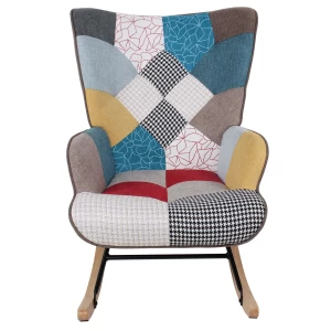 Alma Rocking Πολυθρόνα Μπερζέρα Καθιστικού, Ύφασμα Patchwork, Βάση Μαύρο-Φυσικό 67x86x92cm