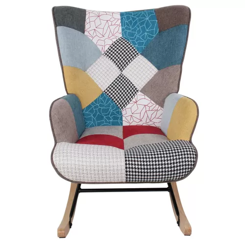 Alma Rocking Πολυθρόνα Μπερζέρα Καθιστικού, Ύφασμα Patchwork, Βάση Μαύρο-Φυσικό 67x86x92cm
