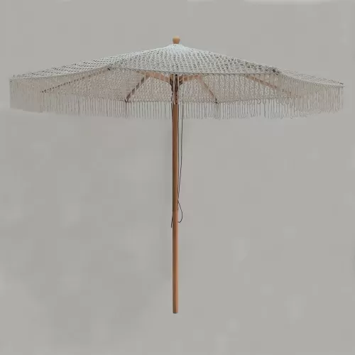 Ομπρελα Ξύλινη - Οξιά Φ250Cm, Πλεκτό Μακραμέ Μπεζ Φ250cm H2,5m (Pole Φ48mm)