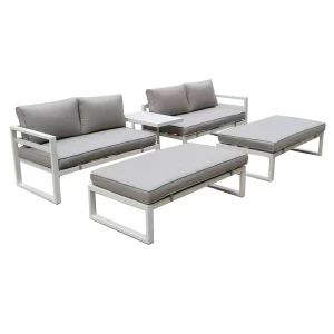 Orbea Set Καθιστικό Κήπου Alu Άσπρο, Καναπές 4Θ+2 Πάγκοι+ Τραπέζι, Μαξιλάρι Μπεζ 250x68x60/120x65x30/68x42x52cm