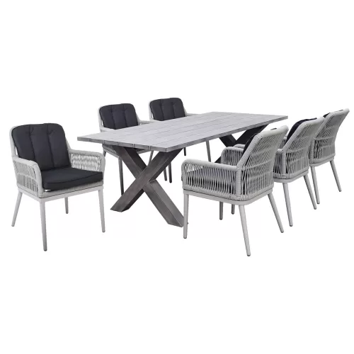 Alley Set Τραπεζαρία Κήπου Alu & Rope Grey-Μαξιλ.ανθρακί: Τραπέζι 180X94 + 6 Πολυθρόνες Τραπ:180x94x72 Πολ:62x64x85cm