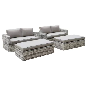 Ascot Set Wicker Alu, Καναπές 4Θέσιος+2 Σκαμπό+Τραπεζάκι, Wicker Grey White,  Μαξιλ.μπεζ Table:75x43x52cm Set 6 Seats