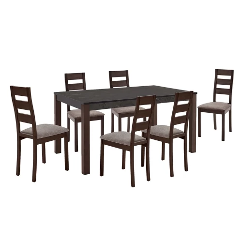 Sienna Set (1+6) Τραπεζαρίας - Κουζίνας, Σκούρο Καρυδί, Melamine Greystone,Ύφασμα Μπεζ Table:150x90x74 Chair:45x52x97