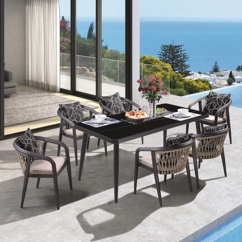 Jardin Τραπεζαρία Alu Ανθρακί, Hpl Μαύρο, Rope Μπεζ: Τραπέζι + 6 Πολυθρόνες Με Μαξιλάρια Table:180x90x75 Chair:63x62x77
