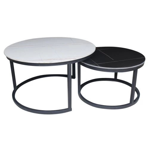Terry Set2 Τραπεζάκια Σαλονιού , Μέταλλο Βαφή Μαύρο, Sintered Stone White-Black Marble Φ80cm H.48cm + Φ60cm H.40cm
