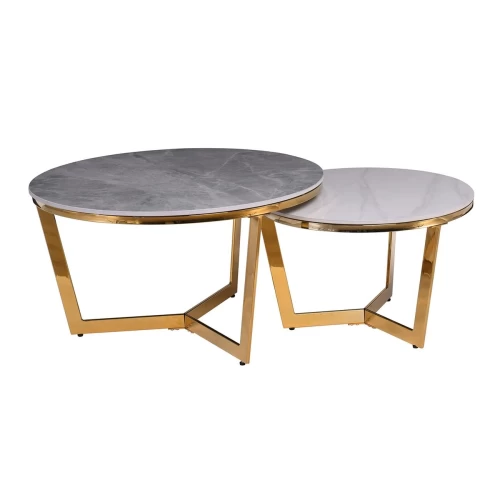 Otto Set 2 Τραπεζάκια Σαλονιού , Χρώμιο Χρυσό, Sintered Stone Grey-White Marble Φ.80 H.45cm + Φ.60 H.38cm
