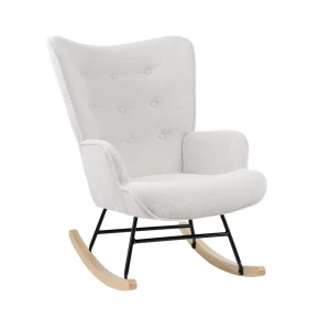 Alma Rocking Πολυθρόνα Μπερζέρα Καθιστικού, Teddy Ύφ.άσπρο, Βάση Μαύρο-Φυσικό 67x86x92cm