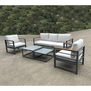 Marilian Set Σαλόνι Κήπου, 5Τεμ, Μέταλλο Βαφή Ανθρακί, Μαξιλάρια Γκρι 2 Πολυθρ+1 Καναπ+2 Τραπεζάκια