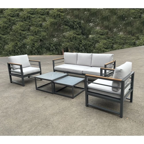 Marilian Set Σαλόνι Κήπου, 5Τεμ, Μέταλλο Βαφή Ανθρακί, Μαξιλάρια Γκρι 2 Πολυθρ+1 Καναπ+2 Τραπεζάκια
