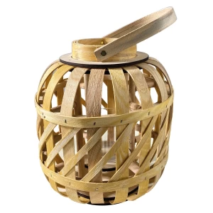 Lantern Round Φανάρι Κήπου- Βεράντας Ξύλινο, Απόχρωση Φυσικό, Με Γυάλινο Ποτήρι Φ24x27cm