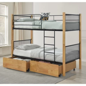 Net Κρεβάτι Κουκέτα Με 2 Συρτάρια 94X47X30Cm, Μέταλλο Βαφή Μαύρο-Ξύλο Φυσικό 95x200x158(Στρώμα 90x190)cm