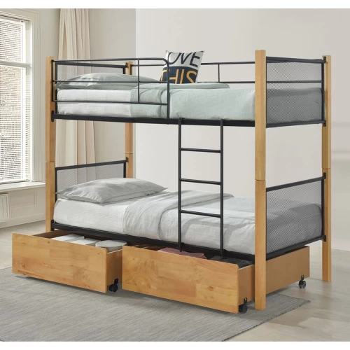 Net Κρεβάτι Κουκέτα Με 2 Συρτάρια 94X47X30Cm, Μέταλλο Βαφή Μαύρο-Ξύλο Φυσικό 95x200x158(Στρώμα 90x190)cm