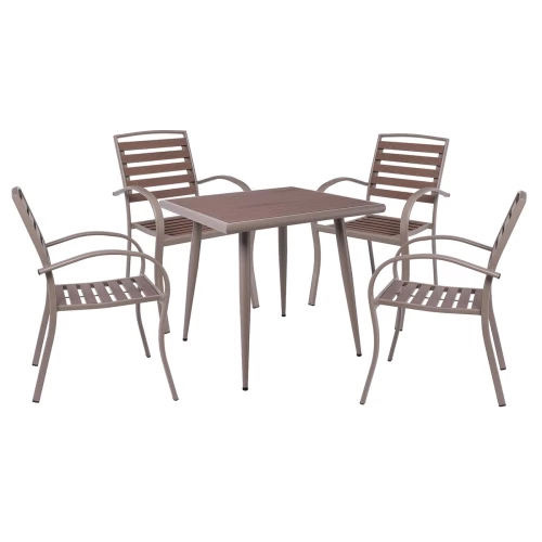 Serrano Set Κήπου: Τραπέζι + 4 Πολυθρόνες, Μέταλλο Βαφή Sand Beige, Polywood Καρυδί Table:80x80x74 Chair:56x64x88