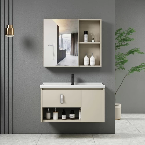 Idea-2 Set Έπιπλο Μπάνιου Cream, Καθρέπτης + Πάγκος Με Νιπτήρα Και Μπαταρία Up:55x11x60cm Down:60x47x45cm