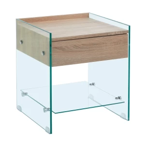 Glasser Wood Κομοδίνο Διάφανο Γυαλί 10Mm - Με Συρτάρι Απόχρωση Δρυς 45x45x50cm