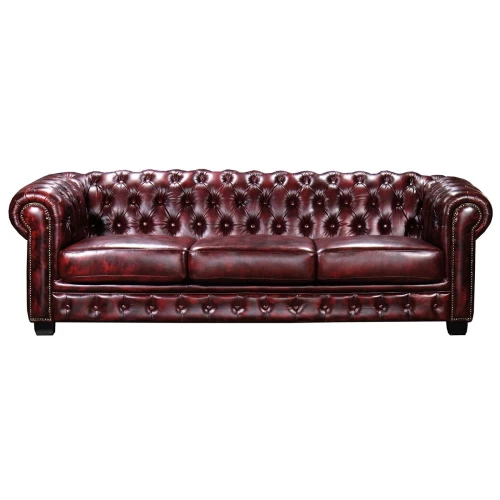 Chesterfield Birmingham Καναπές 4Θέσιος Σαλονιού Καθιστικού, Δέρμα Antique Red 241x92x74cm