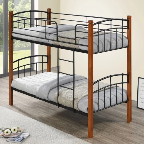 Nortlan Κρεβάτι Κουκέτα Μέταλλο Βαφή Μαύρο, Ξύλο Καρυδί 97x201x160cm (Στρώμα 90x190cm)