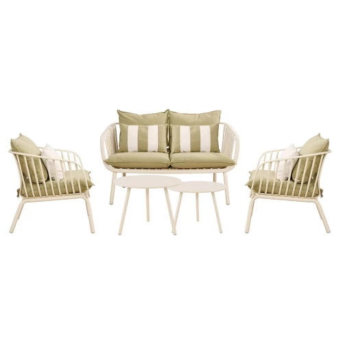 Astrid Set Σαλόνι Κήπου 5Τεμ, Pp & Μέταλλο Cream, Μαξιλάρια Sandy Green 2 Πολυθρ+1 Καναπ+2 Τραπεζάκια