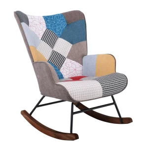 Alma Rocking Πολυθρόνα Μπερζέρα Καθιστικού, Ύφασμα Patchwork, Βάση Μαύρο-Καρυδί 67x86x92cm