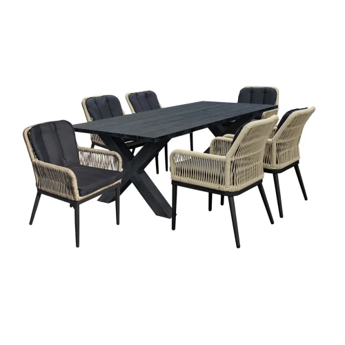 Alley Set Τραπεζαρία Alu Ανθρακί-Rope Φυσικό: Τραπέζι 180X94 + 6 Πολυθρόνες Με Μαξιλ Table:180x94x72 Chair:62x64x85