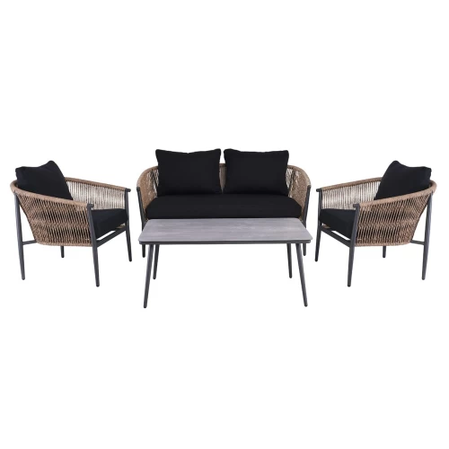 Gasba Set Σαλόνι Κήπου 4Τεμ, Alu Ανθρακί, Rope Wicker Φυσικό, Μαξιλάρια Σκούρο Γκρι 2 Πολυθρ+1 Καναπ+1 Τραπεζάκι