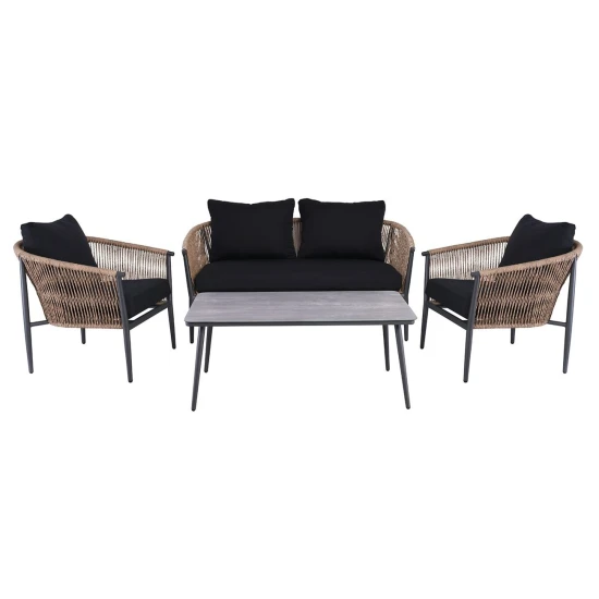 Gasba Set Σαλόνι Κήπου 4Τεμ, Alu Ανθρακί, Rope Wicker Φυσικό, Μαξιλάρια Σκούρο Γκρι 2 Πολυθρ+1 Καναπ+1 Τραπεζάκι
