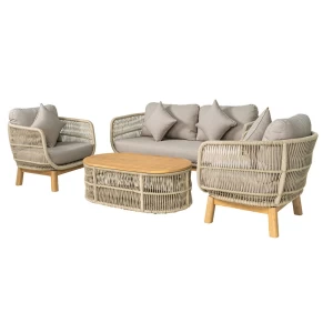 Mark Set Σαλόνι Κήπου 4Τεμ, Acacia Φυσικό, Μαξιλάρια Μπεζ Rope Wicker Μπεζ 2 Πολυθρόνες+Καναπές+Τραπεζάκι