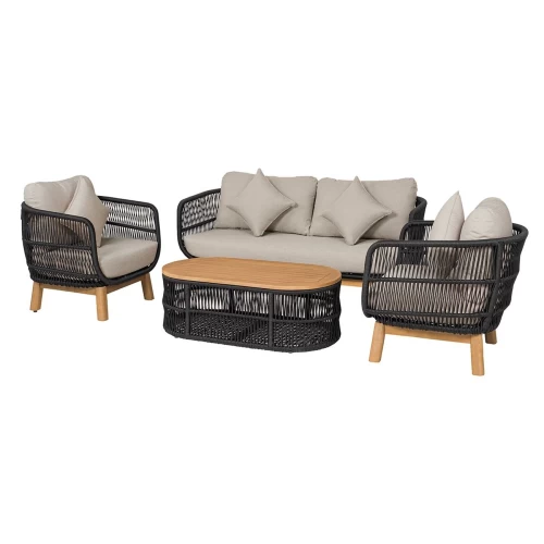 Mark Set Σαλόνι Κήπου 4 Τεμαχίων Acacia Φυσικό, Rope Wicker Μαύρο, Μαξιλάρια Μπεζ 2 Πολυθρόνες+Καναπές+Τραπεζάκι
