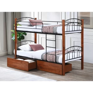 Norton Κρεβάτι Κουκέτα Με 2 Συρτάρια 94X47X30Cm, Μέταλλο Βαφή Μαύρο-Ξύλο Καρυδί 97x201x160cm (Στρώμα 90x190cm)