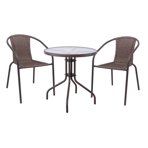 Baleno-W Set Κήπου - Βεράντας: Τραπέζι + 2 Πολυθρόνες Μέταλλο Καφέ - Wicker Brown Table:Φ60x70 Armchair:52x60x72