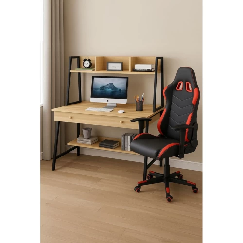 Student-1 Set Γραφείο Η/Υ Sonoma - Μαύρο + Πολυθρόνα Gaming Μαύρο - Κόκκινο Desk:120x48x73 Chair:67x69x124