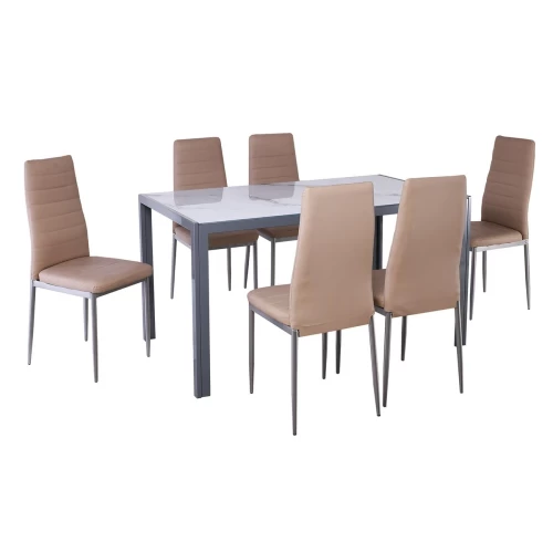 Jetta-Dego Set Τραπεζαρία: Τραπέζι + 6 Καρέκλες, Μέταλλο Γκρι - Γυαλί Marble - Pvc Μπεζ Table:140x80x75 Chair:40x50x95