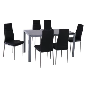 Jetta-Dego Set Τραπεζαρία: Τραπέζι + 6 Καρέκλες, Μέταλλο Γκρι - Γυαλί Μαύρο - Pvc Μαύρο Table:140x80x75 Chair:40x50x95
