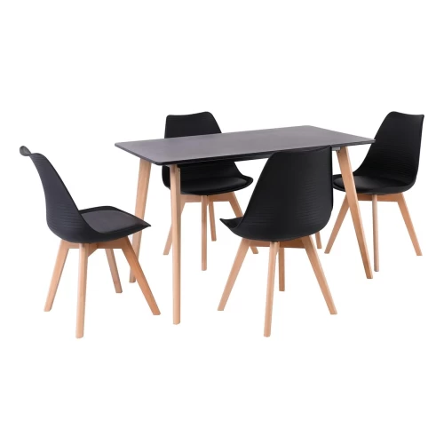 Martin Set Τραπεζαρία: Τραπέζι + 4 Καρέκλες, Mdf Μαύρο - Οξιά Φυσικό, Pp Μαύρο Table:120x70x75 Chair:49x56x82