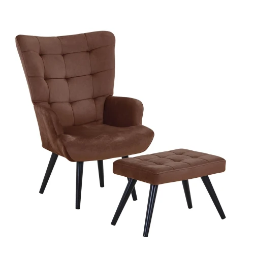 Lobby Πολυθρόνα - Μπερζέρα Με Σκαμπό - Υποπόδιο, Μέταλλο Μαύρο, Ύφασμα Velure Καφέ 70x70x100cm / 60x40x39cm